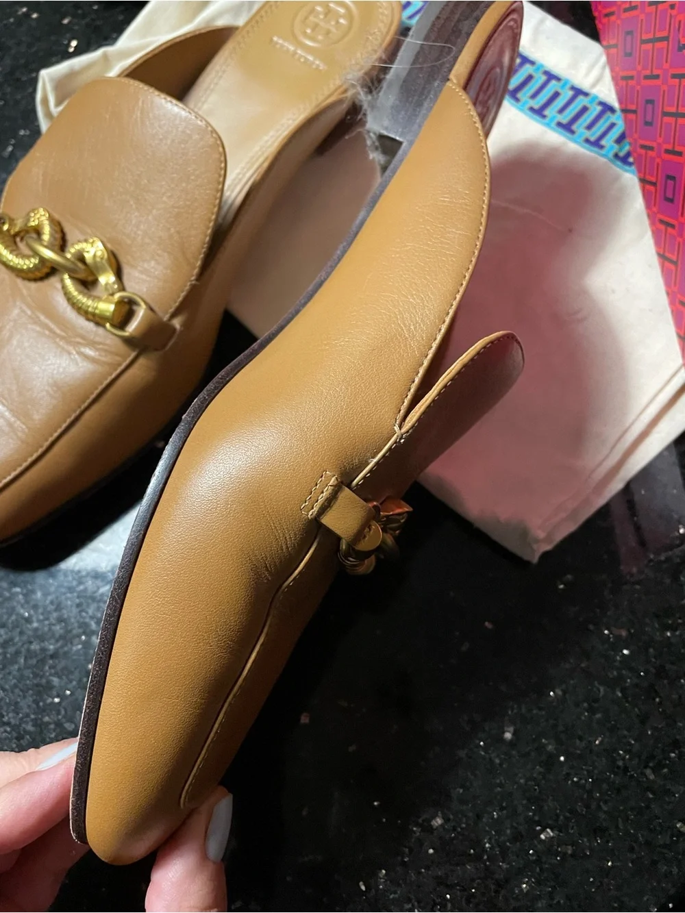 Tory Burch Tan Leather Slip-On Mules with Gold Chain - Picture 7 of 10